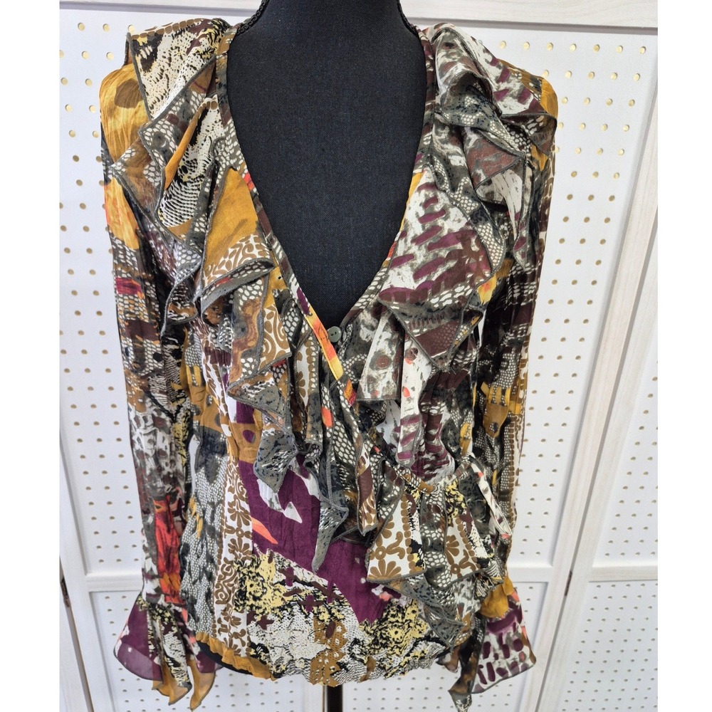 Belissimo Y2K Fairycore Wrap Patchwork Print Ruffle V-Neck Blouse Medium